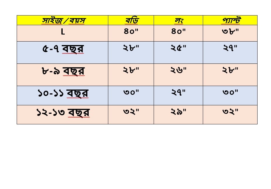 Size chart for গেন্জি সেট